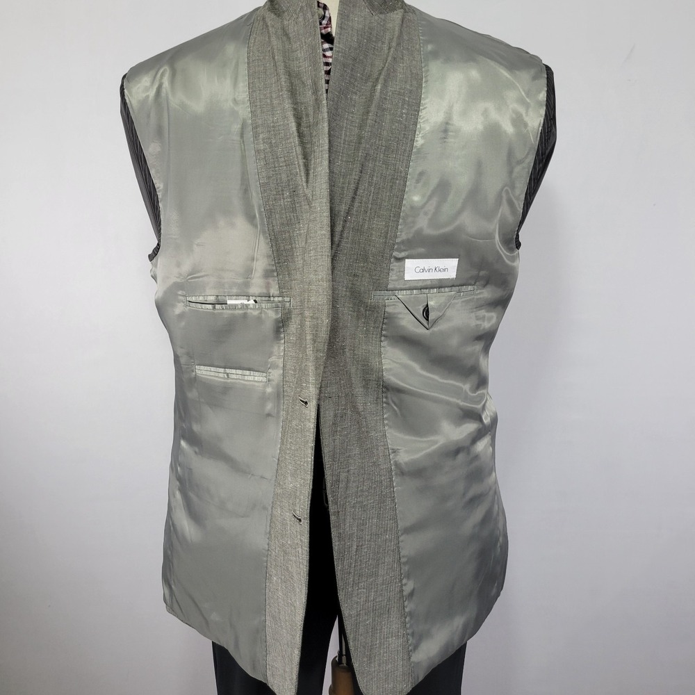Calvin Klein‎ Men's Sport Coat Blazer Two Button Gray Herringbone Linen Wool 46R - Picture 14 of 15